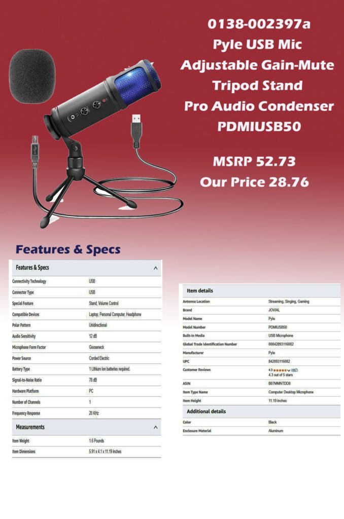 0138-002397a-Pyle USB Mic Adjustable Gain Mute Control Tripod Stand Pro Audio Condenser Desk Mic Pyle PDMIUSB50 img0_MSRP 52.73 Our Price 28.76 copy