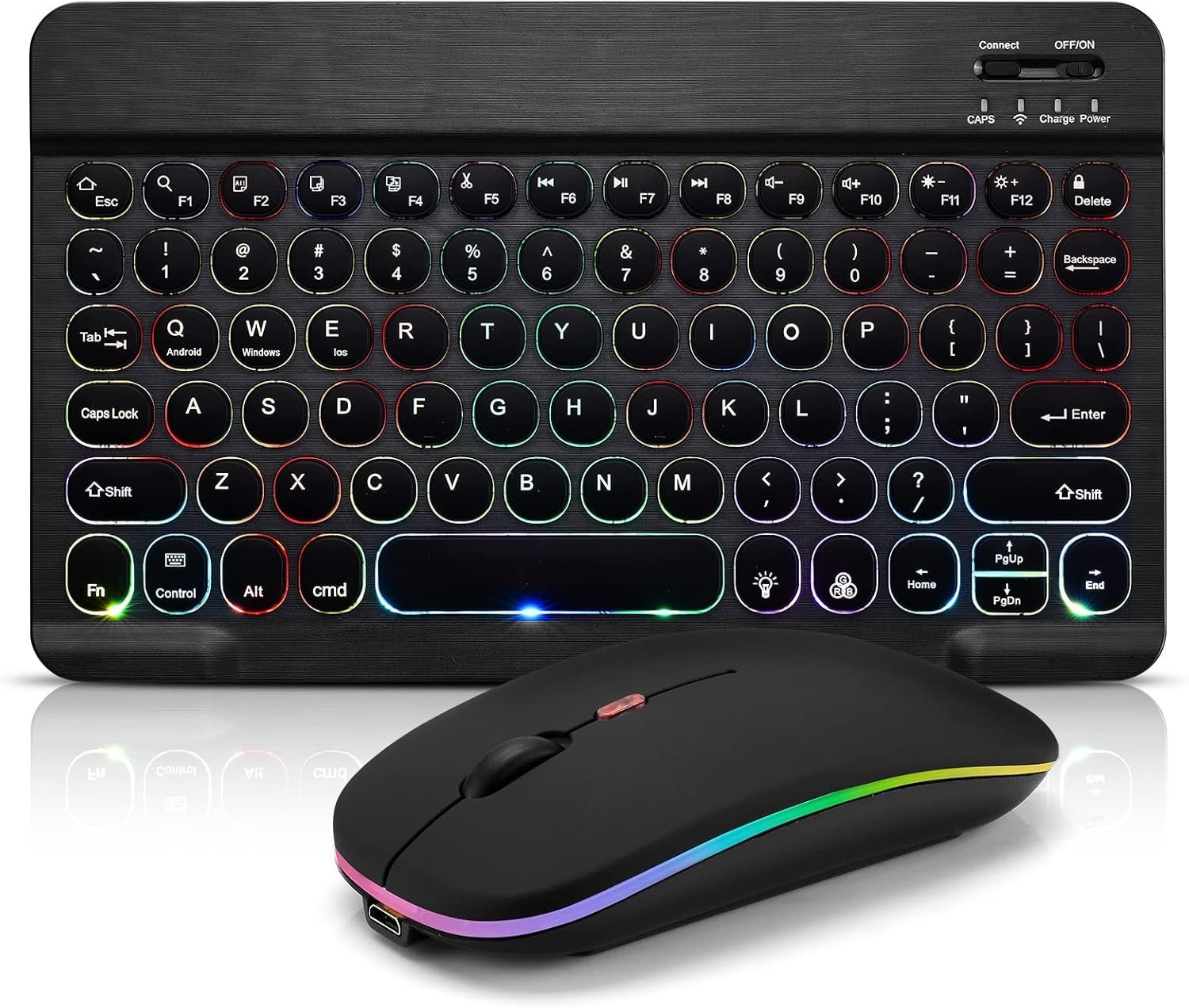 Ultra-Slim Bluetooth Keyboard and Mouse Portable Mini Wireless Keyboard Rechargeable 7-Color Backlit for Apple iPad iPhone Samsung Tablet iPhone Smartphone iOS Android Windows, Round Keys Black